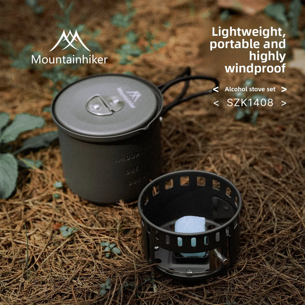 MOUNTAINHIKER Camping Alcohol Stove Set, Ultralight Portable Cookware Set with Pot, Windproof Integrated Cooking Kit for Hiking