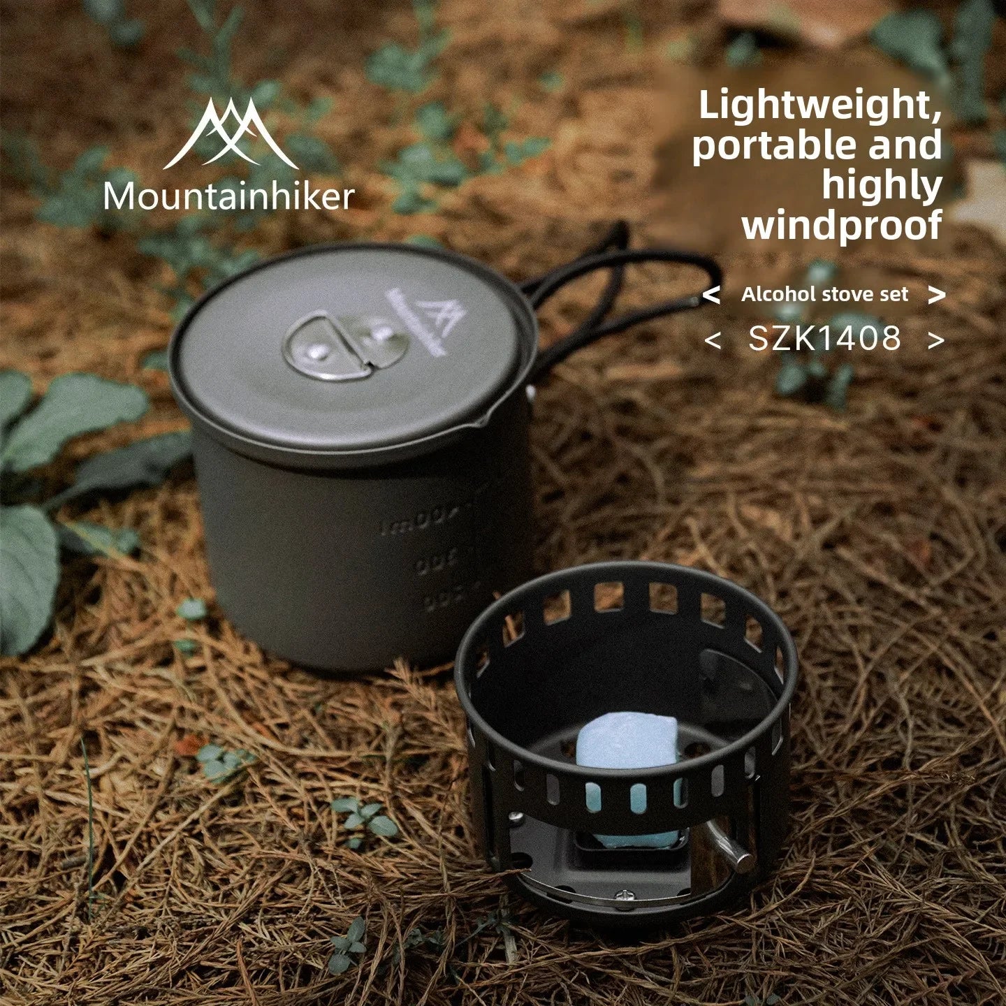 MOUNTAINHIKER Camping Alcohol Stove Set, Ultralight Portable Cookware Set with Pot, Windproof Integrated Cooking Kit for Hiking