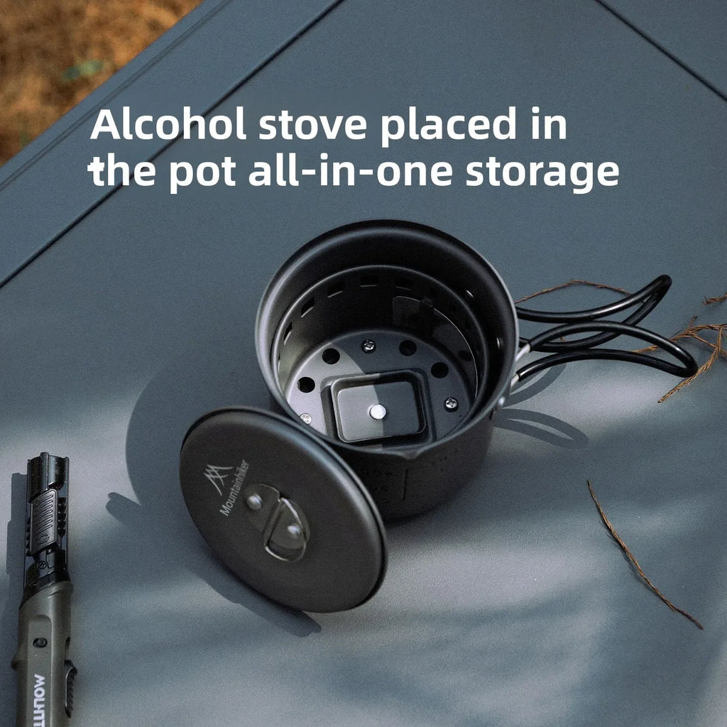 MOUNTAINHIKER Camping Alcohol Stove Set, Ultralight Portable Cookware Set with Pot, Windproof Integrated Cooking Kit for Hiking